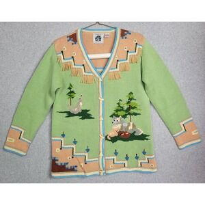 Storybook Knits Wolf Family Southwestern Fringe Cardigan Sweater Green Womens M